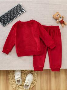 SHEIN Cute Round Neck Plush Baby Boy Outfit Fall Winter - Rose Red - View 4