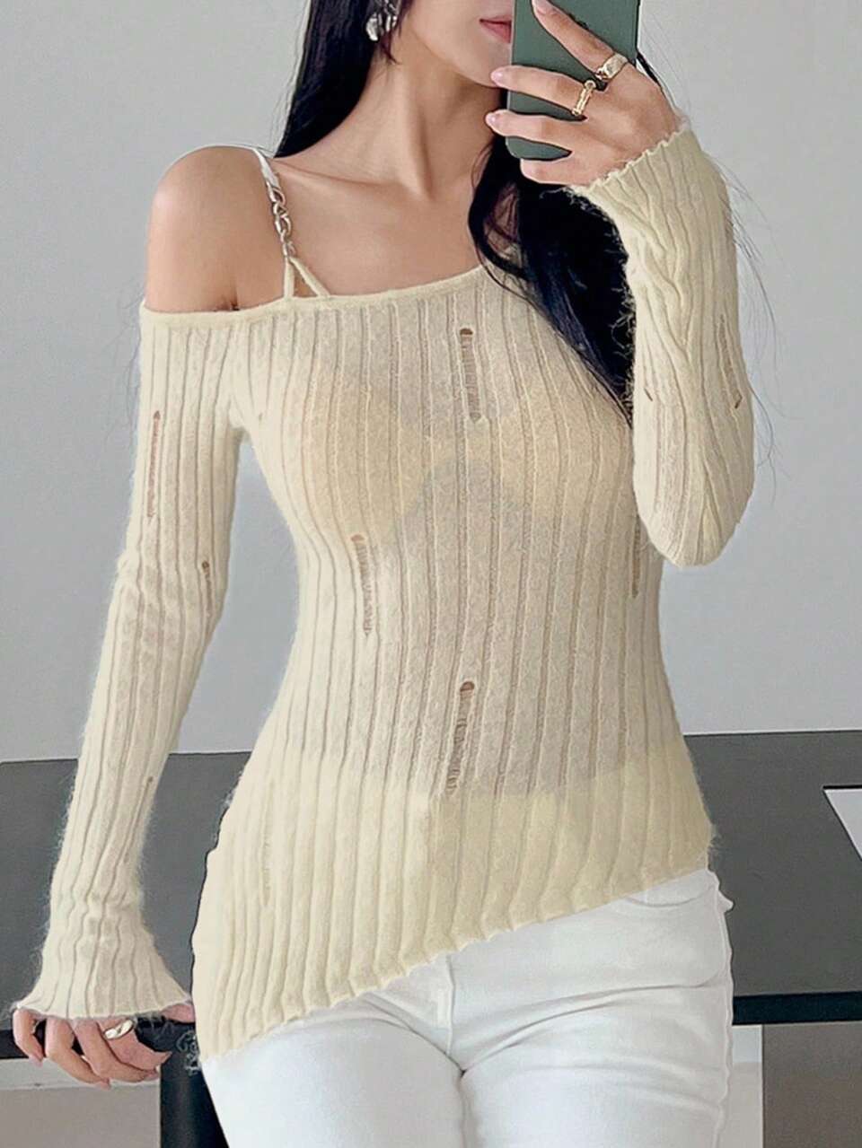 Asymmetrical Cropped Slit Shoulder Exposed Camisole Top, Women Oblique Shoulder Long Sleeve Sweater Fall,Winter