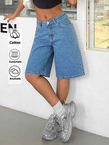 EURMUSE 女士低腰宽松牛仔短裤休闲街头风格 - 中等水洗藍 - 查看 1