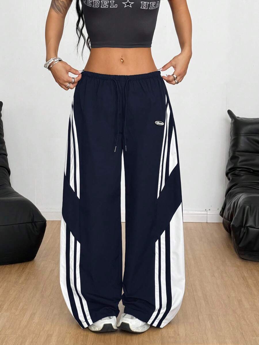 Coolane Women's All-Season Concert Streetwear Going Out Color-Blocked Blue Parachute Pants - Blue - View 1
