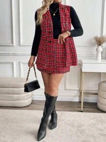 SHEIN LUNE Women's Plus Size Plaid Pattern Vest + A-Line Midi Skirt 2 Pieces Set, Elegant For Daily Commute - Red - View 4