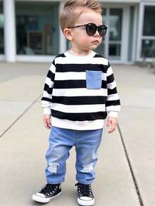 2pcs Baby Boy Autumn/Winter Outfit, Cute Striped Sweatshirt Pullover Knit Top And Jeans/Casual Pants Set, Comfortable Versatile Fashionable Casual Everyday Wear, Suitable For Indoor, Outdoor, Daily, Sports, Play, Party, Photo Shoot, Holiday Baby Boy Black And White Striped Shirt Baby Boy Jeans Baby Boy Streetwear Baby Boy Outfit Fall