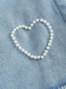 Sweetra Heart Shaped Stud & Faux Pearl Decor Women Frayed Hem Casual Denim Shorts - Light Wash - View 4