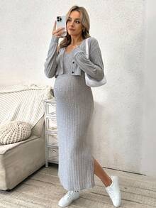 SHEIN 2 piezas Conjunto de maternidad: Vestido de tirantes acanalado de unicolor + Chaqueta corta con botones - Gris - Ver 5