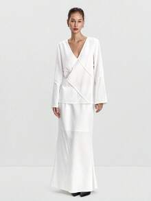 Lumivelle 女式秋季长袖拼布结构上衣和裙子两件套 - 白色 - 查看 5