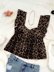 Leopard Print Women's Vacation Casual Square Neck Cap Sleeve Babydoll Sleeveless Blouse, Suitable For Summer Chic Blouses For Women - Multicolor - View 6