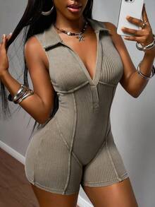 Slaydiva Women's Casual Sleeveless Bodycon Romper, Summer Bodycon Jumpsuit Ribbed Jumpsuit Sleeveless Jumpsuit - Khaki - View 6