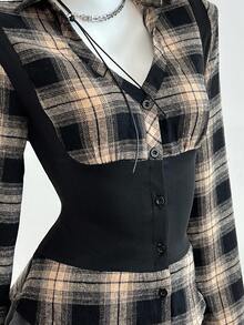 Elamini Women's Autumn/Winter Fashion Plaid Patchwork Contrast Color Waist Shirt Collar Long Sleeve Blouse Fall Cloth For Women - Multicolor - View 7