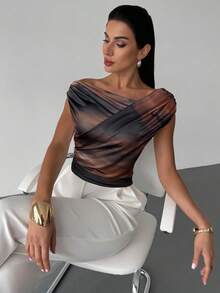 Firerie 女式优雅简约日常通勤时尚都市时尚平价褶皱图案印花修身上衣，秋季 - 彩色 - 查看 6