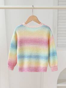 SHEIN Jersey de manga larga con cuello redondo, decoración de flores 3D y rayas de colores para niñas jóvenes - Multicolor - Ver 3