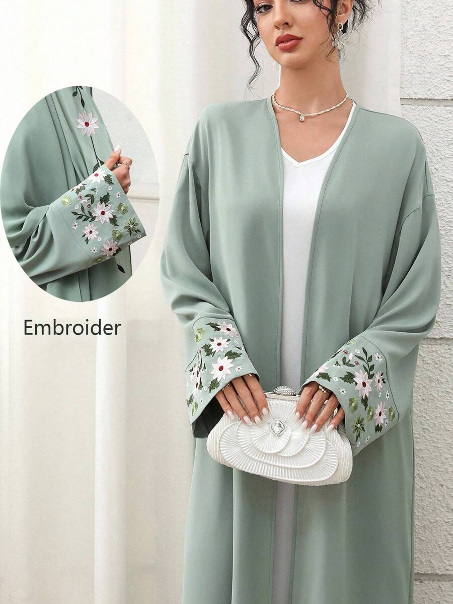 Yasmyna Women's Embroidered Green Open Front Long Arabic Abaya - Green - View 1