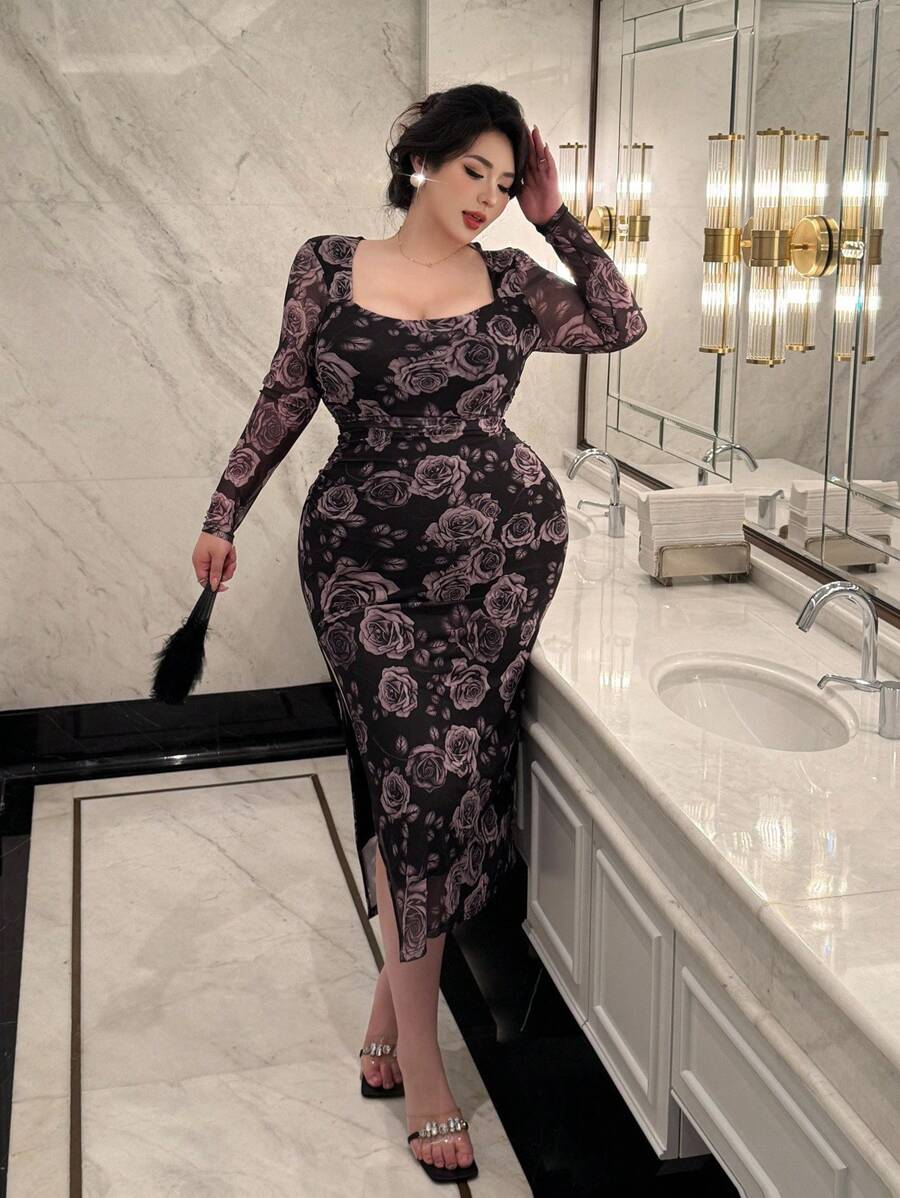 Flirla Plus Size Women Casual Knitted Printed Long Sleeve Dress Fall Cloth For Women - Multicolor - View 1