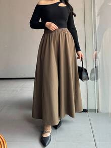 Dazy Plus Pantalones anchos de pierna ancha de unicolor con cintura elástica para mujer de talla grande, pantalones casuales de otoño