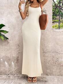 SHEIN LUNE 休闲女士纹理吊带连衣裙，罗纹针织修身吊带裙，秋季婚礼宾客装扮 - 杏色 - 查看 5