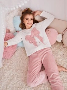 SHEIN 青少年女孩秋冬甜美简约蝴蝶结刺绣圆领套头长袖上衣和柔软法兰绒睡裤 2 件套家居服套装，兄弟姐妹装（2 件单独出售） - 淺粉色 - 查看 8