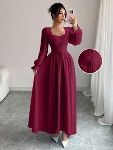 Modelyn Đầm suông cổ tim tay dài thanh lịch cao cấp màu trơn cho nữ - Màu Đỏ Sâu - Xem 4