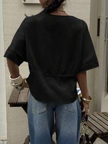 Siren Gaze Blusa de mezcla de lino con encaje a rayas para mujer