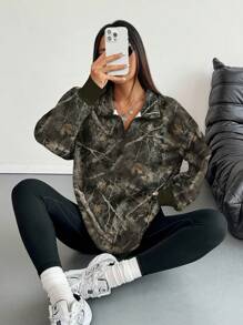 INAWLY Women's Hoodie / Half-Zip Casual Crew Neck Sports Top / Full-Print Leaf Pattern / Digital Printing Technology / Loose-Fit Women's Casual Sports Top / Autumn-Winter Style Fall Cloth For Women