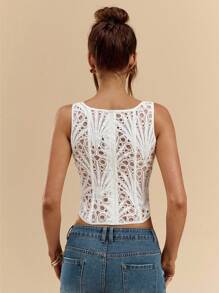 SHEIN BAE Top corto da donna in colore unito, in pizzo idrosolubile, adatto per le vacanze estive - Bianco - Visualizzare 2