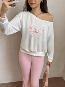 Bộ 2 áo nỉ cho bé gái tuổi teen, thiết kế mới - Áo nỉ chui đầu hở vai màu trắng thêu nơ màu hồng, quần ống loe màu hồng, ôm sát & thường ngày, nơ thêu, quần áo trở lại trường - Nhiều màu - Xem 5