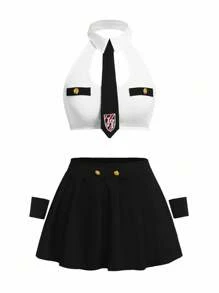 女士无袖镂空时尚撞色上衣、百褶裙服装（上衣、裙子、领带、2 副手套）