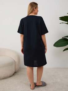 EURMUSE Cotton Plus Size Heart Printed Short Sleeve Sleepshirt - Navy Blue - View 2