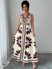 Elenzga 女士度假花卉印花无袖V领连衣裙 - 酒紅色 - 查看 5