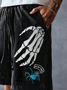 ROMWE MEN Anime Men's Dark Skull Hand Print Drawstring Waist Pocket Washed Shorts - Black - View 2