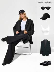 GLOWMODE 抗皱透气阔腿双层腰部可调节抽绳腰部压褶工作裤长裤带侧拉链口袋日常休闲工作办公室服装 - 黑色 - 查看 7