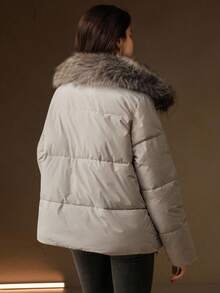 Anewsta 女士时尚休闲可拆卸毛领口袋短款棉服外套，冬季 - 杏色 - 查看 7