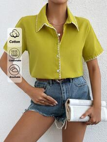 SHEIN Cottnline Embroidery Detailed Collar And Placket Short Sleeve Buttoned Shirt - Lime Green - View 1