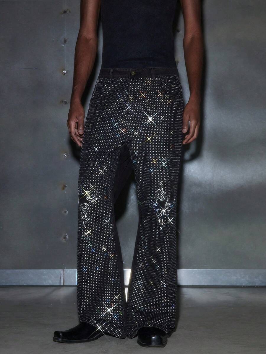 NEON BLANC 男士及膝菱形水钻装饰牛仔裤 - 黑色 - 查看 1