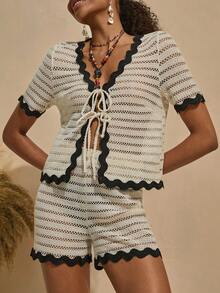 Bóhologie Boho Bohemela Womens Clothing Women Summer Clothes Woman Solid Color Knitting Fabric Contrast Tape Detailed Short Sleeve Front Tie Top T-Shirt And Elastic Waist Short 2 Pieces Outfits Co Ords Beachwear Cover Up Summer Beachwear Clothing Women Summer Sets - Cream - View 7