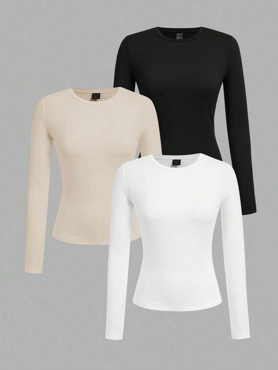 SHEIN EZwear 3 件套女士圆领休闲修身长袖 T 恤套装，适合春秋季节