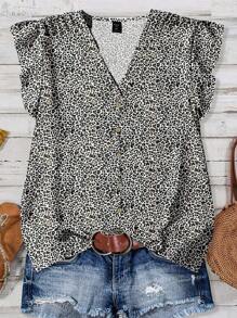 EMERY ROSE Plus Size Women's Daily Casual Vacation Pink V-Neck Small Flying Sleeves Vacation Style Leopard Pattern Loose Shirt, Women's Summer Clothing, Women's Vacation Clothing, Women's Summer Clothing, Women' Autumn And Winter Chic Blouses For Women