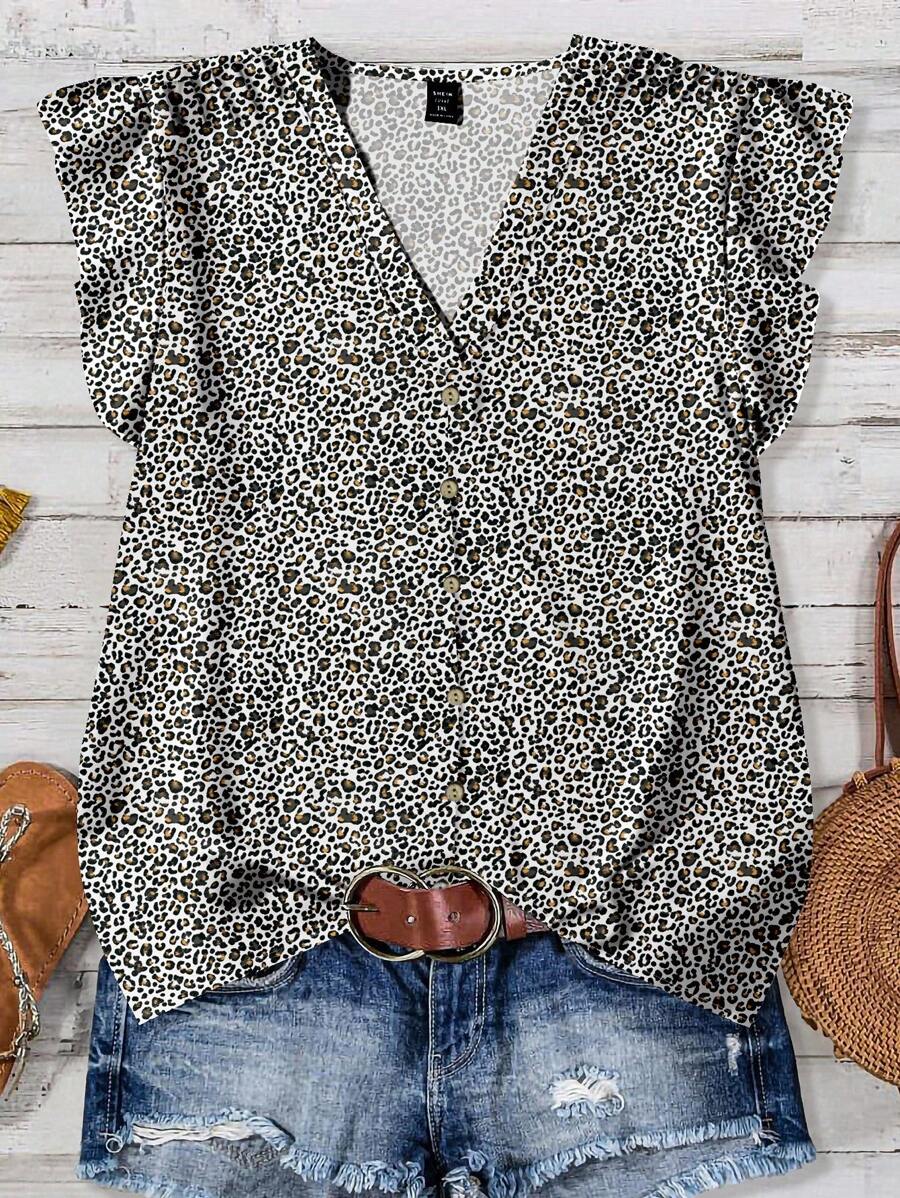 EMERY ROSE Plus Size Women's Daily Casual Vacation Pink V-Neck Small Flying Sleeves Vacation Style Leopard Pattern Loose Shirt, Women's Summer Clothing, Women's Vacation Clothing, Women's Summer Clothing, Women' Autumn And Winter Chic Blouses For Women