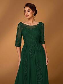 Serin 浪漫优雅圆领七分袖蕾丝撞色网纱A字下摆奢华贴花连衣裙，适合晚宴、约会、舞会、单身派对、音乐节、婚礼、新娘母亲、情人节等场合。 - 墨綠色 - 查看 4