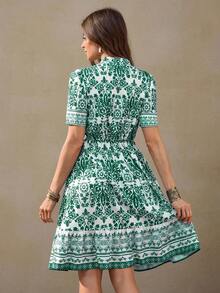 Wildy 波西米亚风蓝白瓷纹印花中长连衣裙，美式西部风格，夏季绿色连衣裙，女式绿白图案连衣裙，女士休闲连衣裙，短袖夏季连衣裙，女士休闲装 - 綠色 - 查看 6