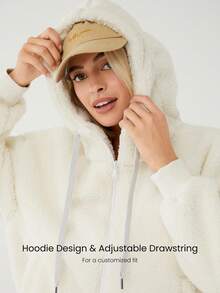 GLOWMODE Cozy Thick Polar Fleece Soft Warm Bomber Adjustable Drawstring Hoodie Windproof Ribbed Hem Cuffs Jacket With Side Pockets Daily Casual Winter - Beige - View 5