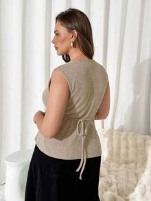 Auralis Plus Size Women's Autumn/Winter New French Commuter Business Casual Elegant Office Wear, Work Clothes, Home Metal Starfish Decorated Ribbed Round Neck Casual Vest, Fall Going Out Top, Khaki Vest