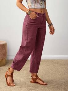 EMERY ROSE Plus Size Casual Washed Drawstring Waist Jeans Casual Street Patchwork Pocket Loose Wide Leg Jeans Women Jeans Baggy Loose Jeans New Autumn And Winter Wine Red Pants