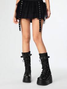 ROMWE Grunge Punk 女式黑色网眼面板厚底坡跟高跟鞋中筒朋克靴铆钉哥特暗黑风格休闲鞋，万圣节