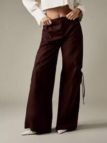 MISSGUIDED 阔腿工装裤，带抽绳细节，褶饰口袋，高腰街头风，秋冬长裤，时尚潮流下装 - 棕色 - 查看 1