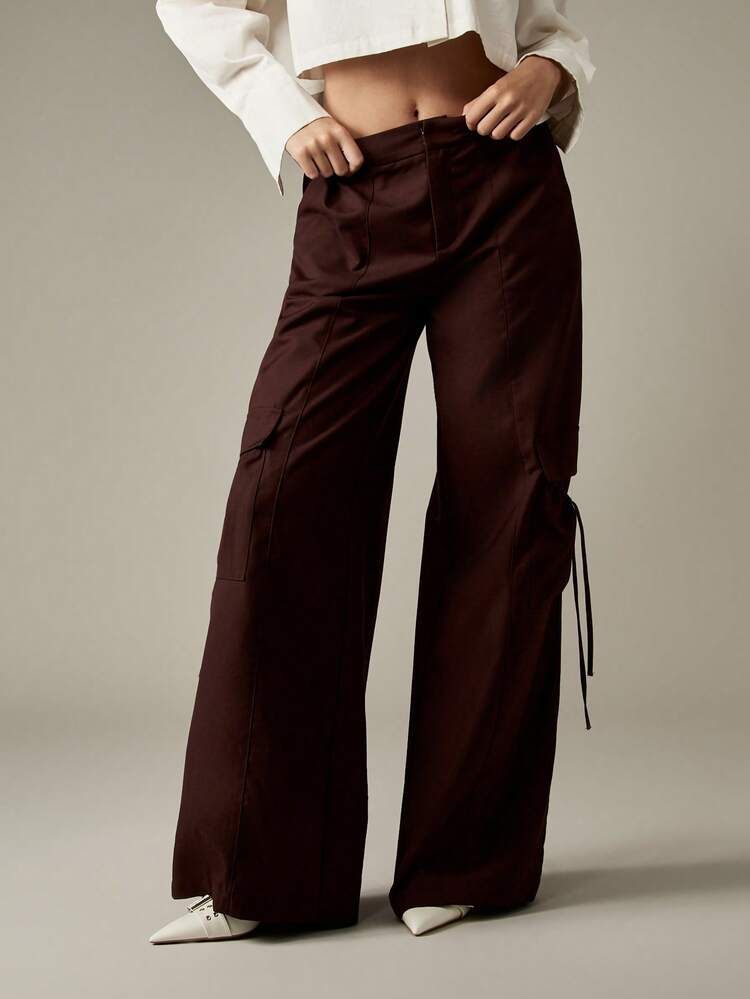 MISSGUIDED Wide Leg Cargo Pants With Drawstring Detail Ruched Pockets High Waisted Streetwear Fall Winter Trousers Fashion Statement Bottoms