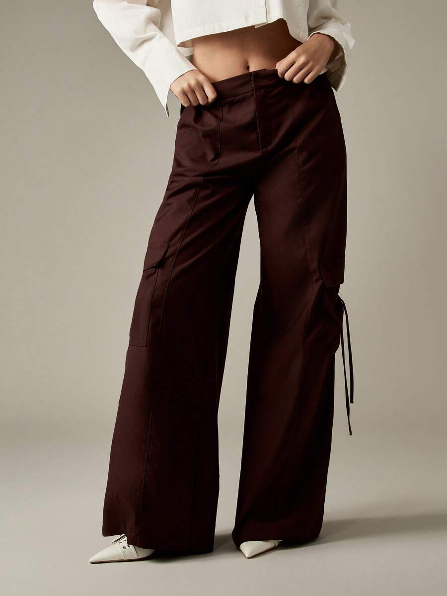 MISSGUIDED 阔腿工装裤，带抽绳细节，褶饰口袋，高腰街头风，秋冬长裤，时尚潮流下装 - 棕色 - 查看 1