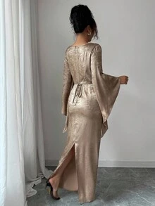 Elenzga Elegant French Style Gold Waist Ruched Asymmetric Flare Sleeve Bodycon Midi Dress - Gold - View 2