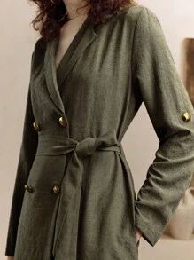 EMERY ROSE 女式 V 领系带腰部金属扣翻领优雅长袖超长连衣裙风衣外套 - 綠色 - 查看 2