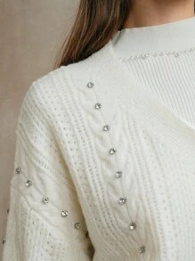 Revavyn Revavyn Damen Woll-Garn Stoff Cardigan mit Perlenverzierung, Drop-Shoulder, Langarm Kurz-Cardigan für tägliche Fahrten, Schule im Herbst, Ausgehen, Weiß - Aprikosenfarben - Übersicht 6