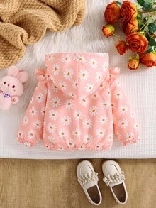 1件女婴秋冬新款印花面料连帽长袖拉链外套，荷叶边装饰，保暖内衬，可爱时尚的冬季外套 - 粉色 - 查看 2