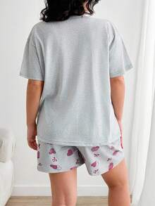 RueChic Cottonlie 2 件加大码心形印花短袖衬衫和撞色心形图案短裤睡衣套装 - 灰色 - 查看 2